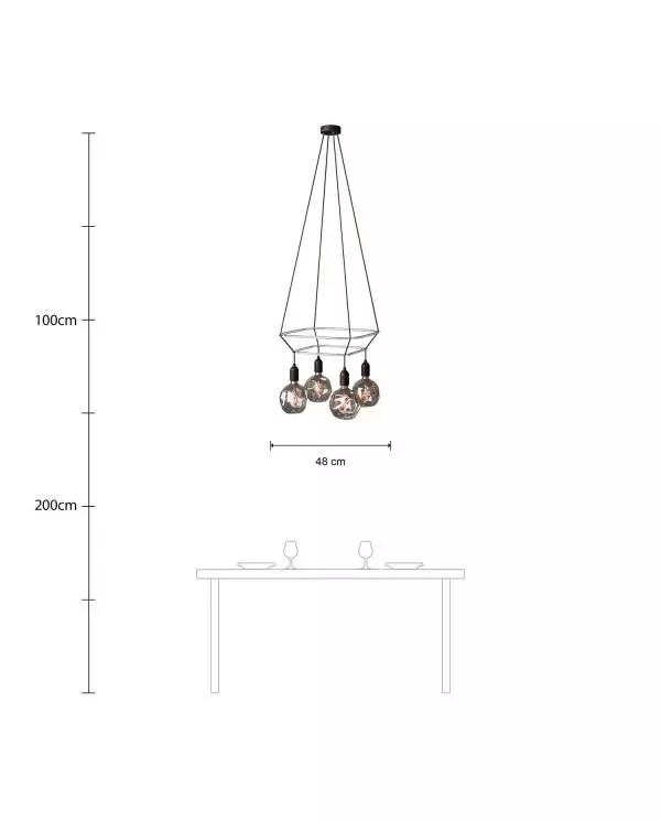 4 Pendels dubbele Cage incl. gedeukte Globe Lamp